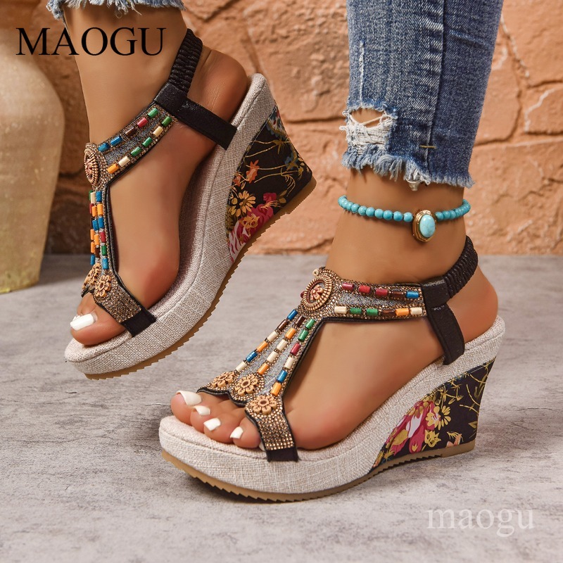 Boho Beaded Floral Wedge Sanda - Ethnic Boho Fashion ulasan dan harga