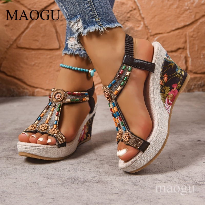 Boho Beaded Floral Wedge Sanda - Ethnic Boho Fashion ulasan dan harga